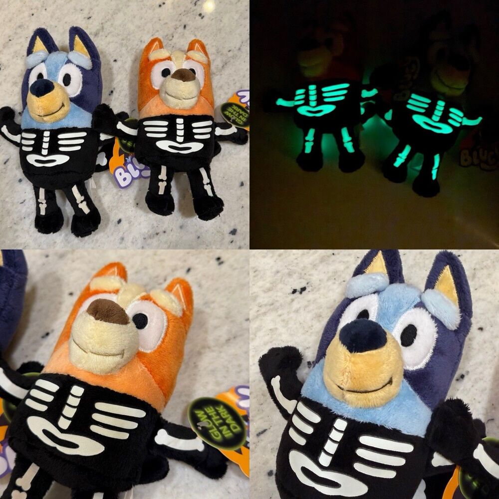 8" Bluey & Bingo Glow in the Dark Skeleton Plush Halloween Set Of 2 New Dan Dee